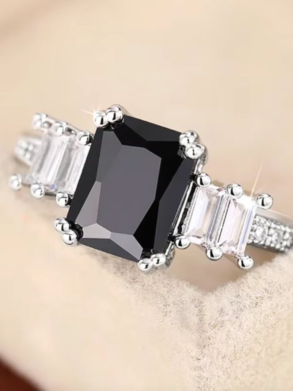18k White Gold Black Sapphire Diamond Ring Band Emerald Cut Ring